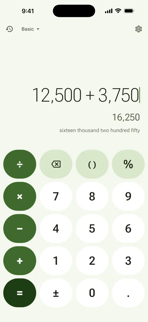 Calsee with the left-handed layout in Matcha Morning, a light green theme: the divide, multiply, minus, plus and equals keys run down the left edge, showing 12,500 + 3,750 = 16,250, sixteen thousand two hundred fifty.